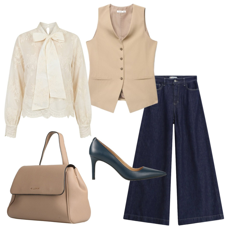 Outfit donna - Blusa romantica e gilet maschile. Stile Glamour per Tutti i giorni. Abbinamento con zaini, décolleté, gilet, bluse, jeans.