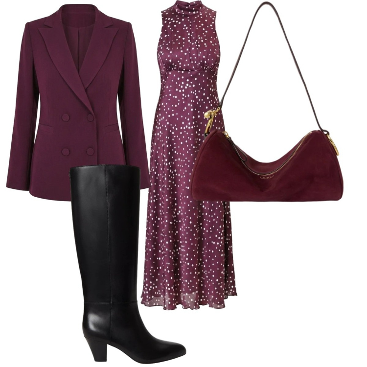 Outfit donna - Invito d'autunno. Stile Chic per Cerimonia. Abbinamento con borse a spalla, stivali, blazer, vestiti lunghi.
