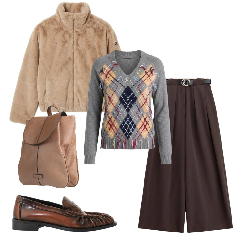 Outfit donna - Total look #2481438. Stile Casual per Ufficio. Abbinamento con zaini, pantaloni a palazzo, mocassini, maglieria, blazer.