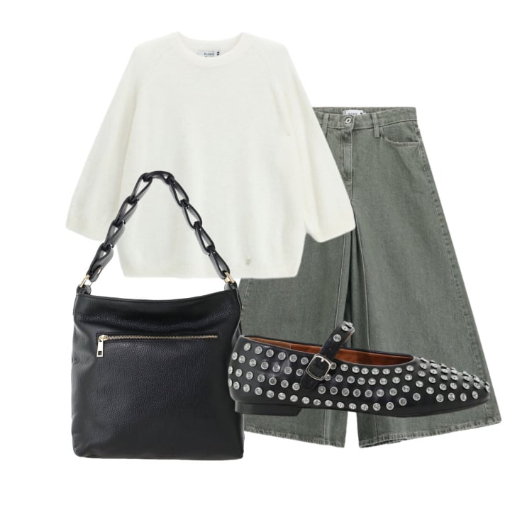 Outfit donna - Please - FW26. Stile Rock per Scuola/Università. Abbinamento con borse a spalla, pantaloni, maglieria, ballerine.
