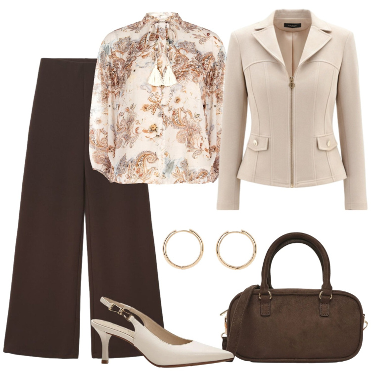 Outfit donna - Il pantalone palazzo e la camicia. Stile Chic per Serata fuori. Abbinamento con bluse, blazer, borse a tracolla, pantaloni a palazzo, décolleté, orecchini.