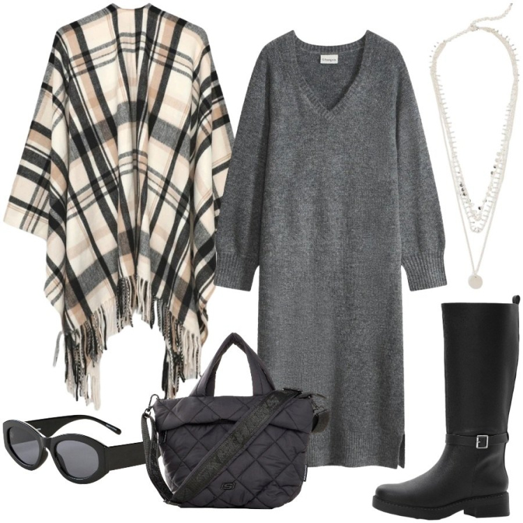 Outfit donna - Total look #2481448. Stile Casual per Ufficio. Abbinamento con vestiti midi/longuette, stivali, borse a tracolla, collane, occhiali da sole, cappe.