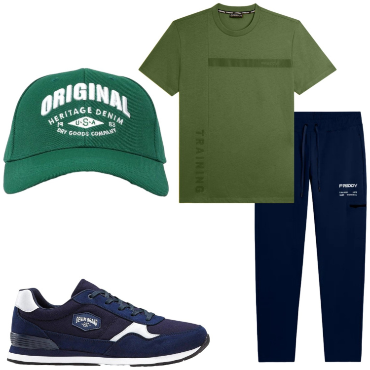 Outfit uomo - Total look #2481460. Stile Casual per Sport. Abbinamento con t-shirt, pantaloni, cappelli con visiera, sneakers.