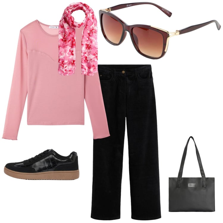 Outfit donna - Caffè con amiche. Stile Casual per Tutti i giorni. Abbinamento con occhiali da sole, sneakers, pantaloni, t-shirt, foulard, shopping bag.