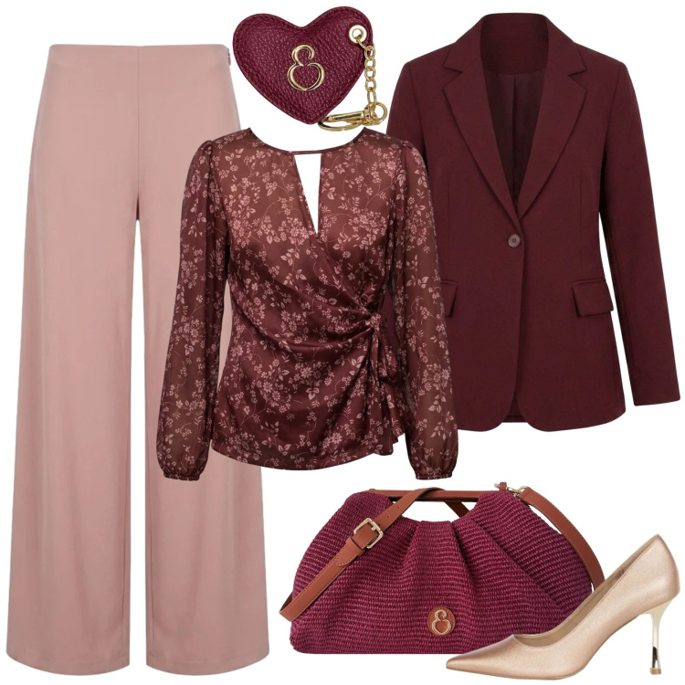 Outfit donna - Pantalone rosa e blazer strutturato. Stile Bon Ton per Serata fuori. Abbinamento con clutch, portachiavi, décolleté, pantaloni a palazzo, blazer, bluse.