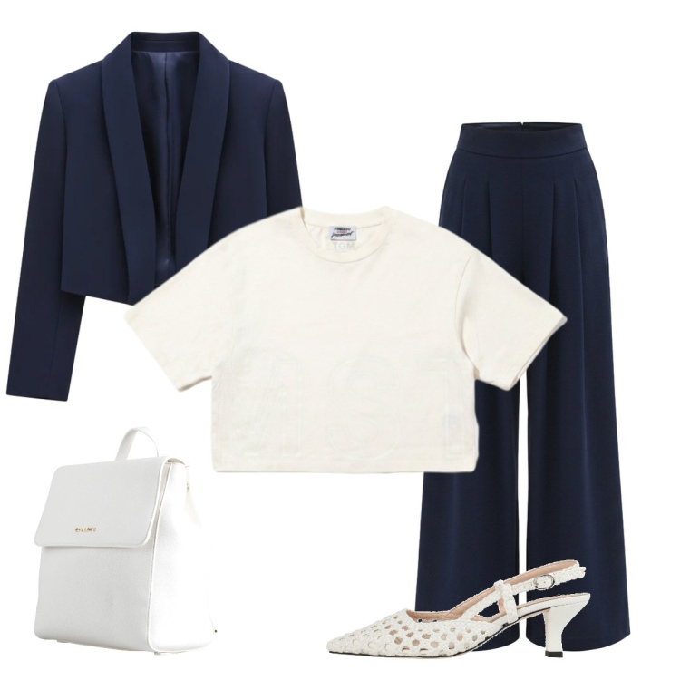 Outfit donna - Blue. Stile Sporty chic per Ufficio. Abbinamento con zaini, décolleté, bolero, pantaloni a palazzo, t-shirt.