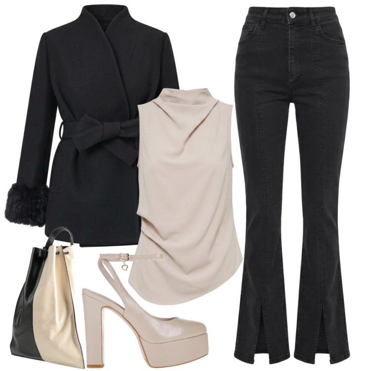 Outfit donna - Crudelia. Stile Chic per Serata fuori. Abbinamento con zaini, décolleté, top, jeans a zampa, cappotti.