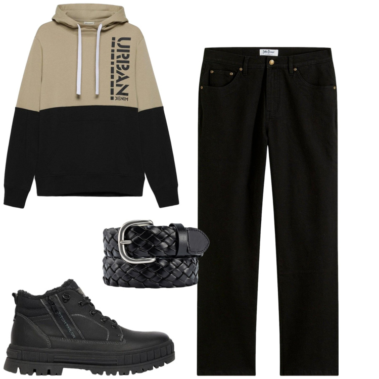Outfit uomo - Total look #2481508. Stile Casual per Tutti i giorni. Abbinamento con cinture, jeans dritti, stivali e stivaletti, felpe con cappuccio.