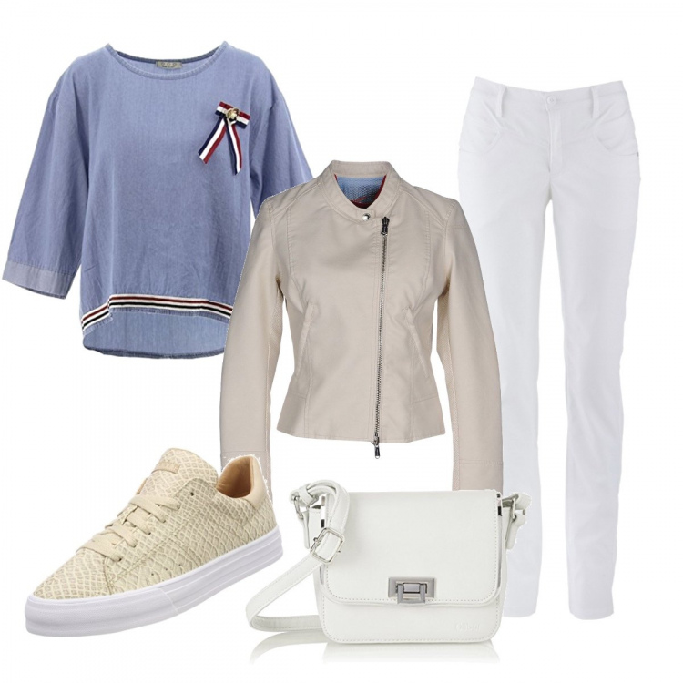 Outfit donna - Basic #3625. Stile Basic per Tutti i giorni. Abbinamento con pantaloni, cappotti, maglia, scarpe con pizzo da ginnastica beige, borsa a secchiello bianco.
