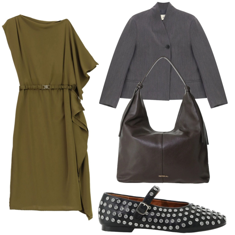Outfit donna - Dixie - FW26. Stile Casual per Tutti i giorni. Abbinamento con borse a spalla, vestiti asimmetrici, ballerine, blazer.