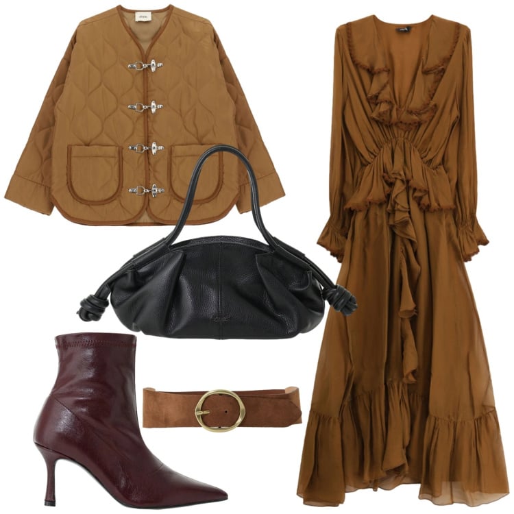 Outfit donna - Dixie - FW26. Stile Boho per Tutti i giorni. Abbinamento con stivaletti, vestiti midi/longuette, giacche, borse a mano, cinture.