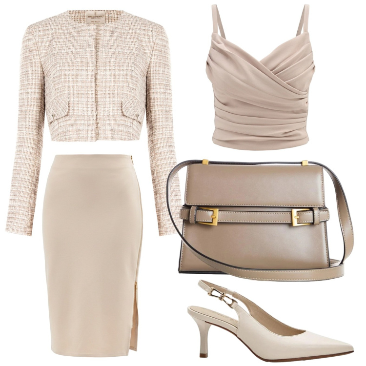 Outfit donna - Free beige. Stile Casual per Tutti i giorni. Abbinamento con gonne longuette, blazer, canottiere, décolleté, borse a tracolla.