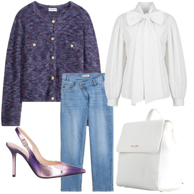 Outfit donna - Fiocco e slingback. Stile Bon Ton per Tutti i giorni. Abbinamento con zaini, décolleté, jeans mom, cardigans, camicie.