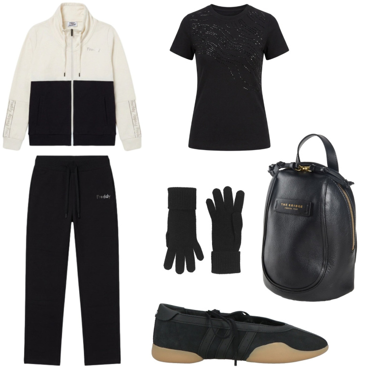Outfit donna - Sport time. Stile Sporty chic per Tutti i giorni. Abbinamento con zaini, guanti, ballerine, t-shirt, tute.