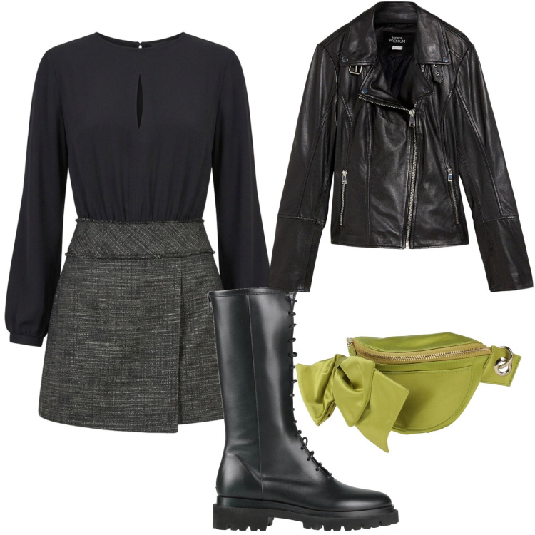 Outfit donna - Stivali anfibi. Stile Casual per Tutti i giorni. Abbinamento con marsupi, stivali, giacche, tuta corta.