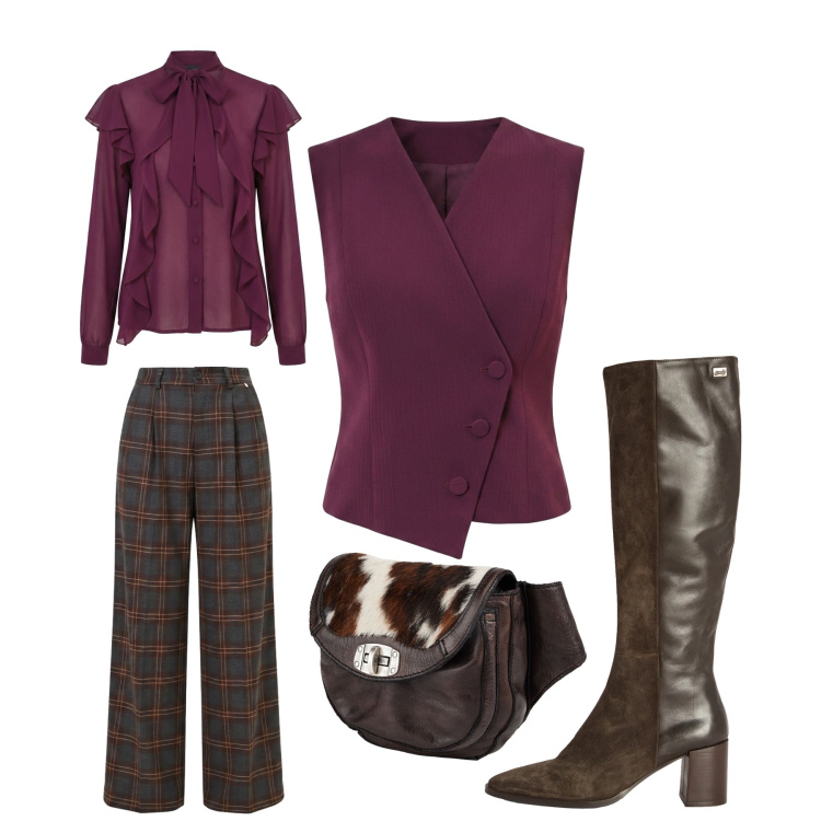 Outfit donna - Sweet november. Stile Glamour per Serata fuori. Abbinamento con marsupi, bluse, pantaloni a palazzo, gilet, stivali.