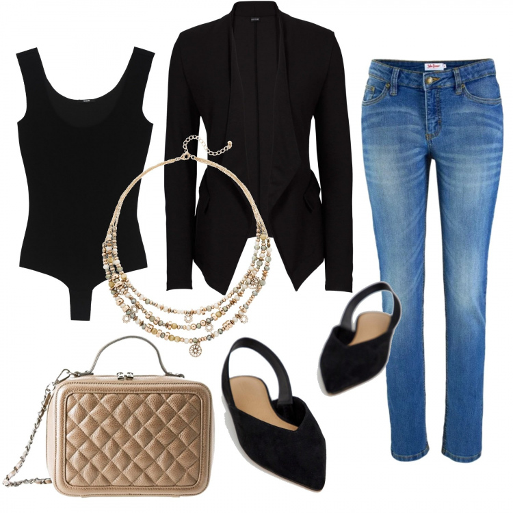 Outfit donna - Jeans e giacca. Stile Basic per Serata fuori. Abbinamento con jeans skinny, blazer in maglina, collier, ballerine con cinturino nero, body girocollo elasticizzato, shopping bag beige e grigio.