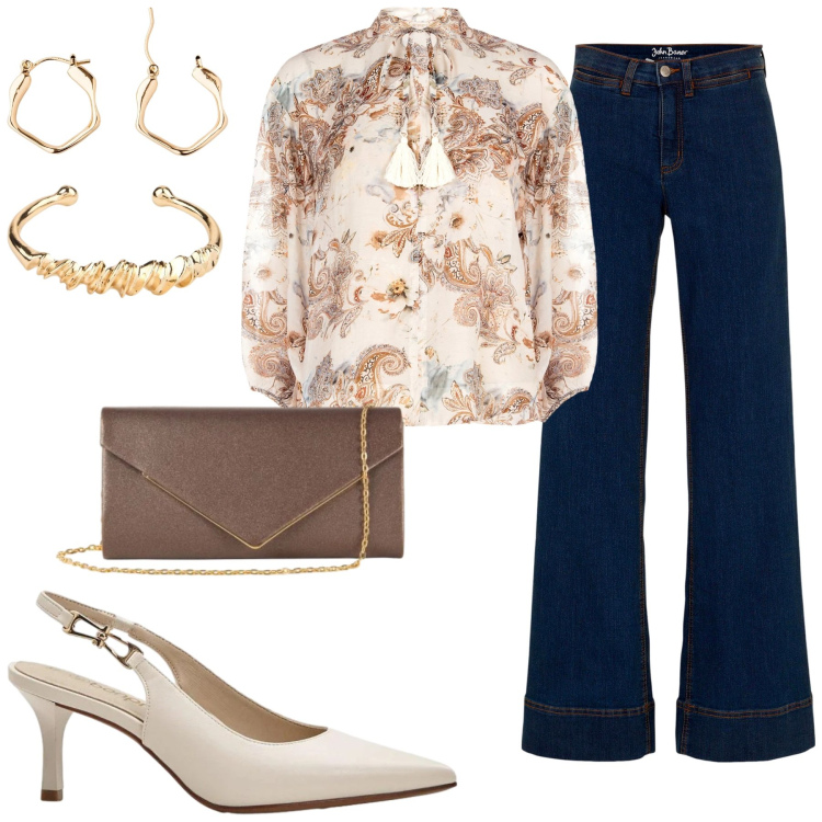 Outfit donna - Eleganza Bohémien. Stile Casual per Serata fuori. Abbinamento con clutch, bluse, jeans, orecchini, décolleté, braccialetti.