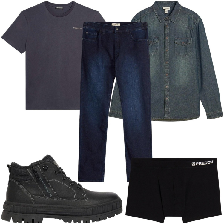 Outfit uomo - Total look #2481630. Stile Casual per Tutti i giorni. Abbinamento con jeans slim fit, camicie, stivali e stivaletti, boxer, t-shirt.