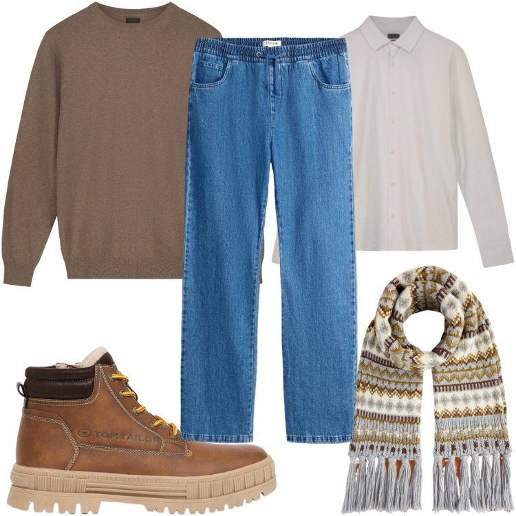 Outfit uomo - Total look #2481634. Stile Casual per Tutti i giorni. Abbinamento con polo, sciarpe, maglieria, stivali e stivaletti, jeans dritti.