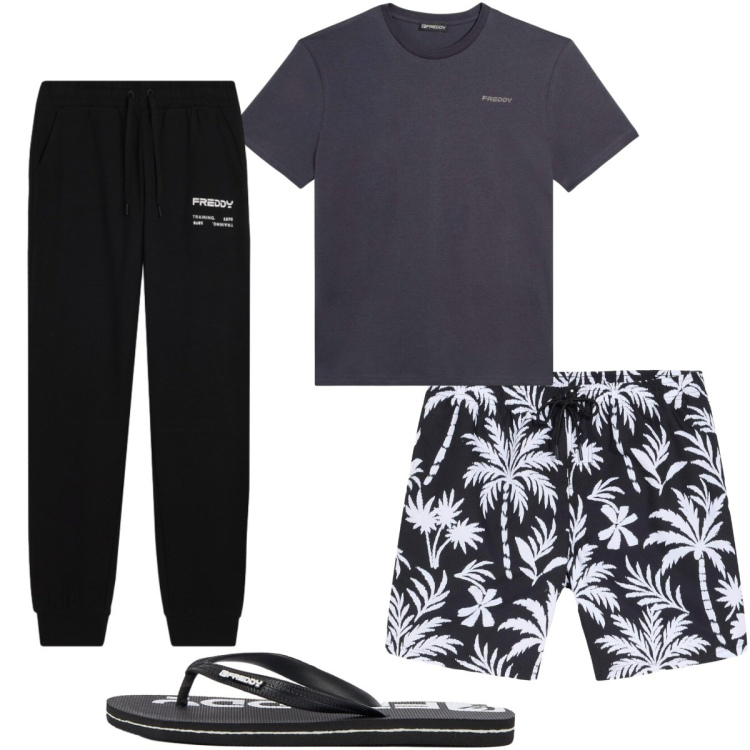 Outfit uomo - Total look #2481635. Stile Trendy per Mare. Abbinamento con t-shirt, pantaloni, sandali, costumi.