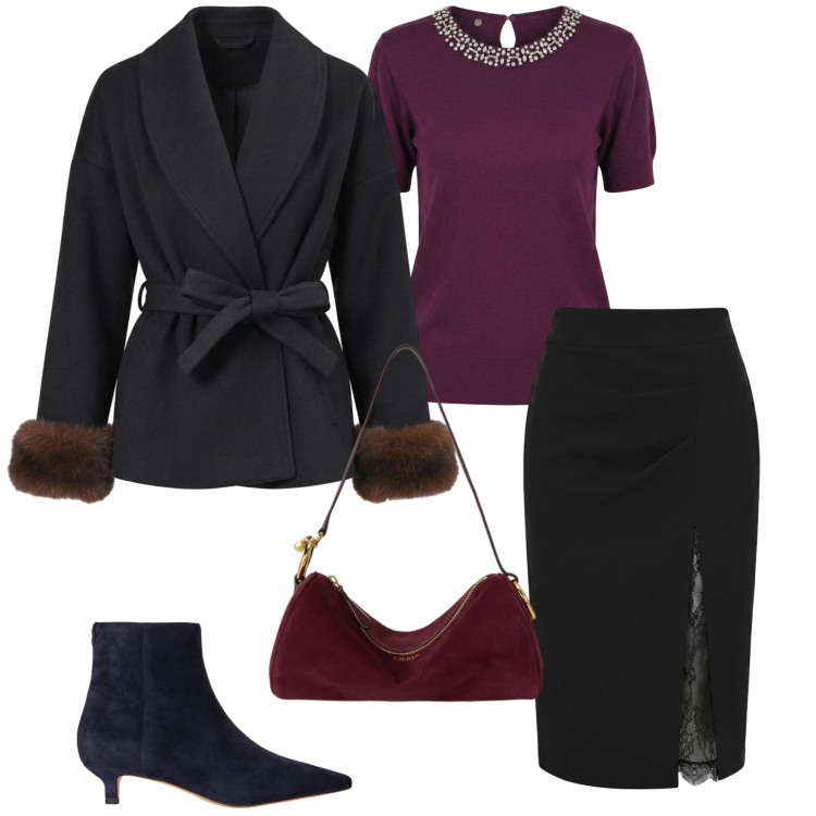 Outfit donna - Invito d'autunno. Stile Chic per Cerimonia. Abbinamento con borse a spalla, stivaletti, t-shirt, cappotti, gonne longuette.