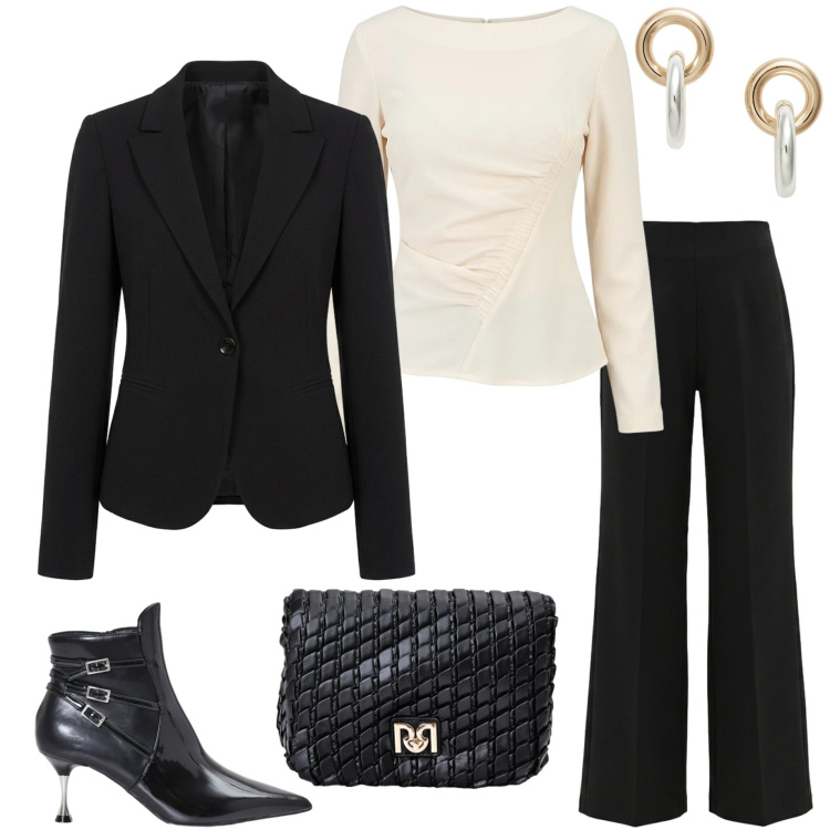 Outfit donna - Invito d\'autunno. Stile Chic per Cerimonia. Abbinamento con blazer, pantaloni, borse a tracolla, stivaletti, bluse, orecchini.