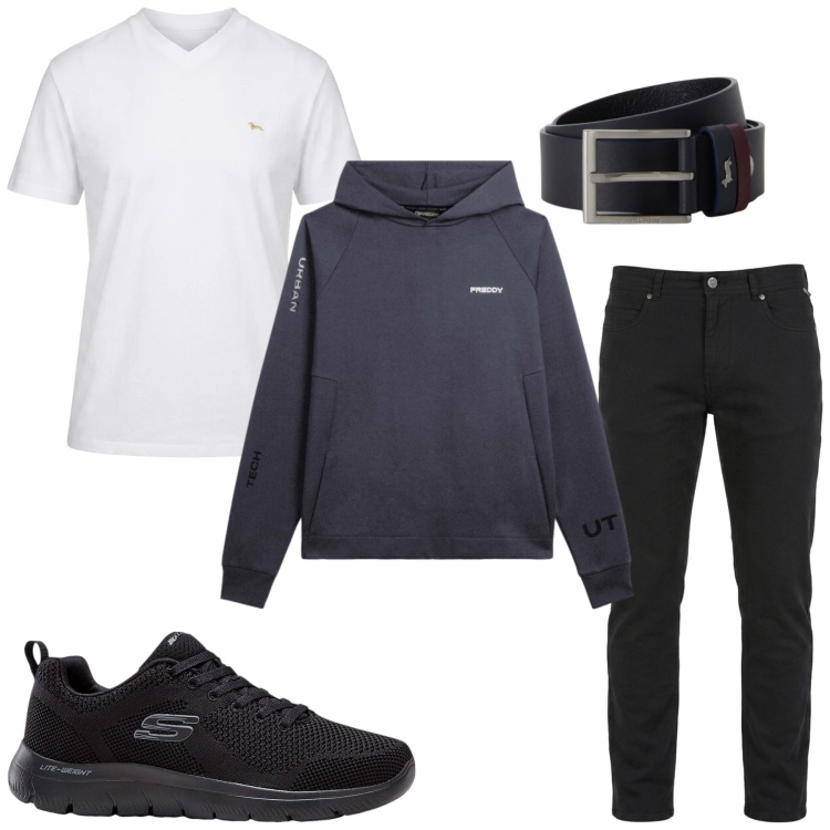 Outfit uomo - Total look #2481668. Stile Urban per Tutti i giorni. Abbinamento con pantaloni, t-shirt, cinture, felpe con cappuccio, sneakers.