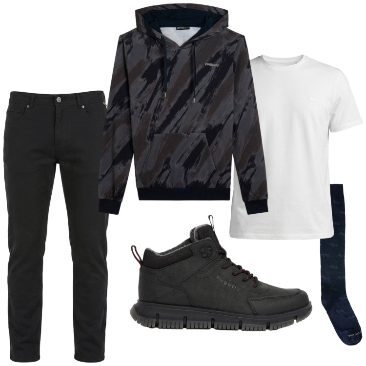 Outfit uomo - Total look #2481703. Stile Urban per Tutti i giorni. Abbinamento con pantaloni, t-shirt, calzini, felpe con cappuccio, stivali e stivaletti.