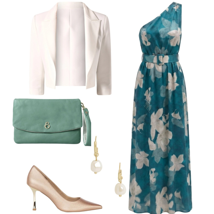 Outfit donna - Autunno a colori. Stile Chic per Cerimonia. Abbinamento con pochette, orecchini, blazer, décolleté, vestiti lunghi.