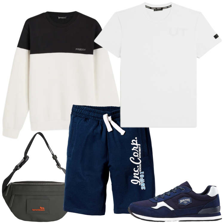 Outfit uomo - Total look #2481706. Stile Casual per Sport. Abbinamento con borse sportive, felpe, t-shirt, sneakers, bermuda.