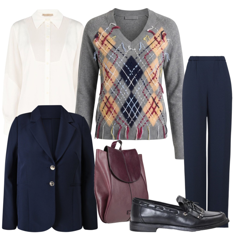 Outfit donna - Total look #2481711. Stile Preppy per Ufficio. Abbinamento con maglieria, blazer, mocassini, camicie, pantaloni, zaini.