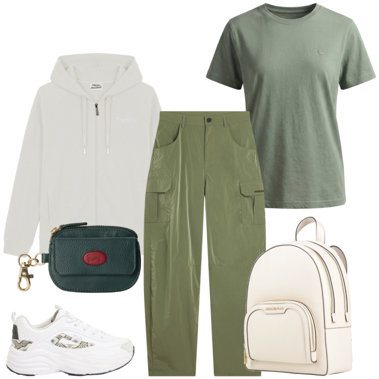 Outfit donna - Total look #2481734. Stile Sporty chic per Tutti i giorni. Abbinamento con zaini, sneakers, portamonete, t-shirt, pantaloni cargo, felpe con cappuccio.