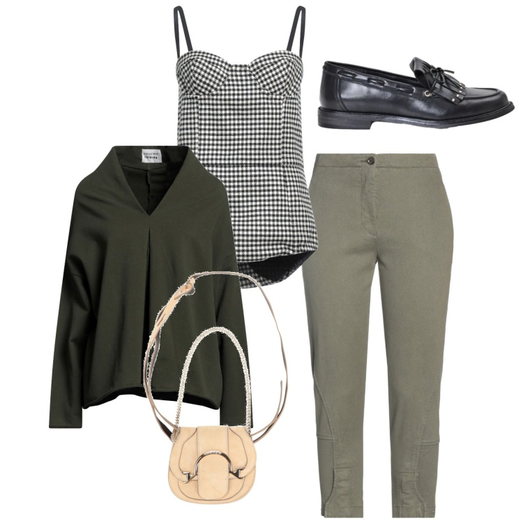 Outfit donna - Total look. Stile Preppy per Ufficio. Abbinamento con marsupi, jeans slim fit, felpe, top, mocassini.