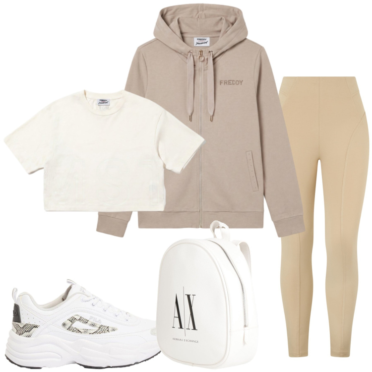 Outfit donna - Total look #2481762. Stile Sporty chic per Tutti i giorni. Abbinamento con felpe con cappuccio, pantaloni skinny, t-shirt, zaini, sneakers.