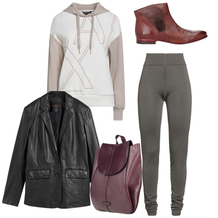 Outfit donna - Total look in città. Stile Urban per Tutti i giorni. Abbinamento con felpe con cappuccio, stivaletti, zaini, leggings, blazer.