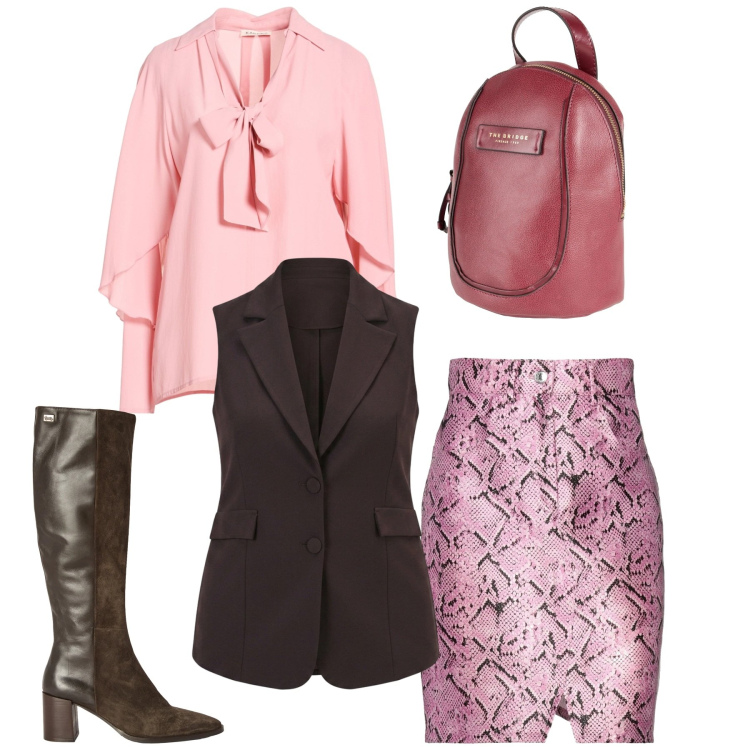 Outfit donna - Rosa e caffè. Stile Chic per Ufficio. Abbinamento con stivali, gilet, minigonne, zaini, top.
