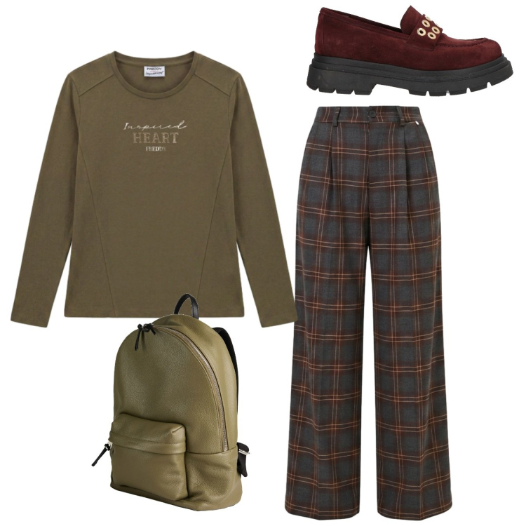 Outfit donna - Total look. Stile Casual per Scuola/Università. Abbinamento con mocassini, zaini, pantaloni a palazzo, t-shirt.