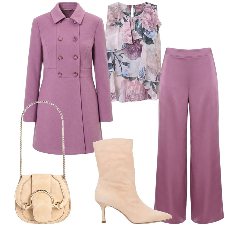 Outfit donna - Total look #2481785. Stile Bon Ton per Cerimonia. Abbinamento con marsupi, stivaletti, top, pantaloni a palazzo, cappotti.