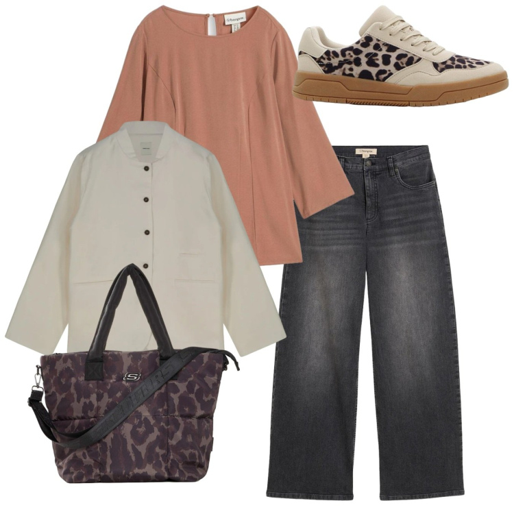 Outfit donna - Total look. Stile Casual per Tutti i giorni. Abbinamento con bluse, jeans, shopping bag, sneakers, giacche.