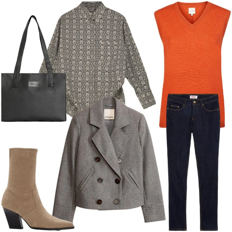 Outfit donna - Cittadina. Stile Urban per Tutti i giorni. Abbinamento con blazer, jeans skinny, stivaletti, maglieria, camicie, shopping bag.