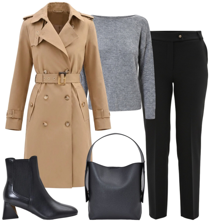 Outfit donna - City. Stile Urban per Tutti i giorni. Abbinamento con pantaloni, stivaletti, borse a spalla, maglieria, trench.