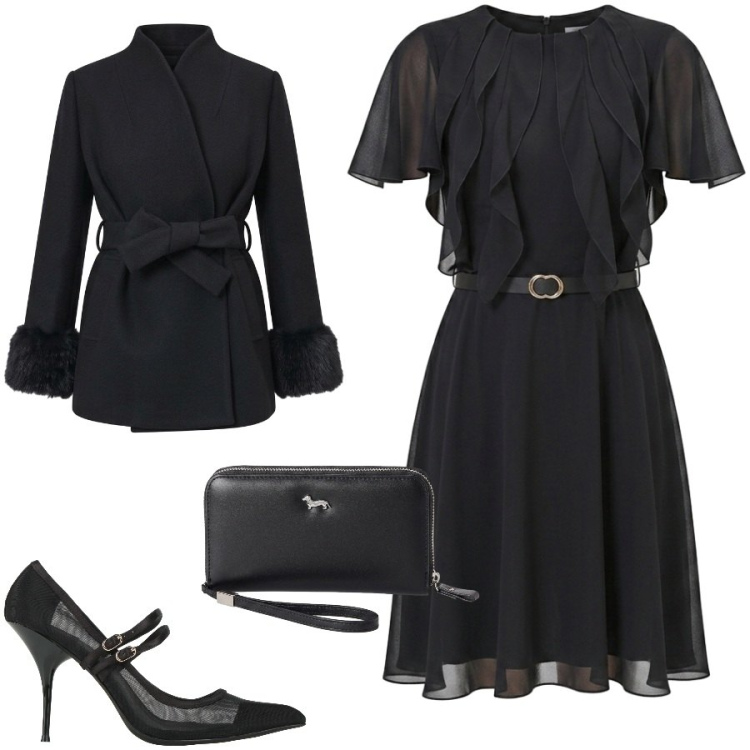 Outfit donna - Invito a cena. Stile Chic per Serata fuori. Abbinamento con portafogli, cappotti, vestiti midi/longuette, décolleté.
