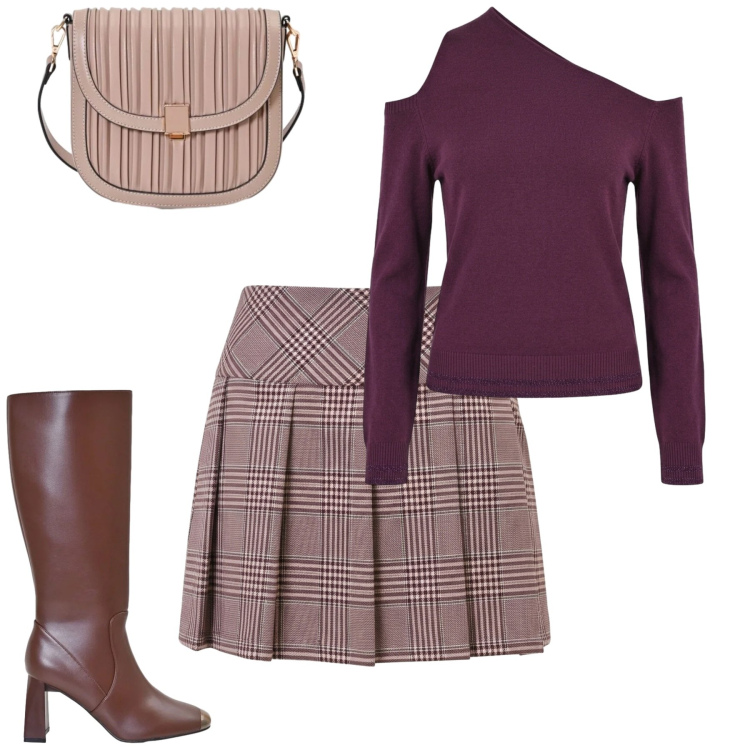 Outfit donna - City. Stile Trendy per Tutti i giorni. Abbinamento con borse a tracolla, stivali sopra il ginocchio, minigonne, maglieria.