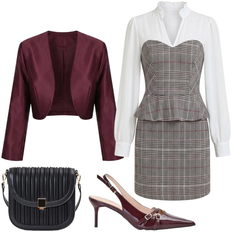 Outfit donna - Eleganza in principe di Galles. Stile Chic per Cerimonia. Abbinamento con vestiti corti, borse a tracolla, décolleté, blazer.