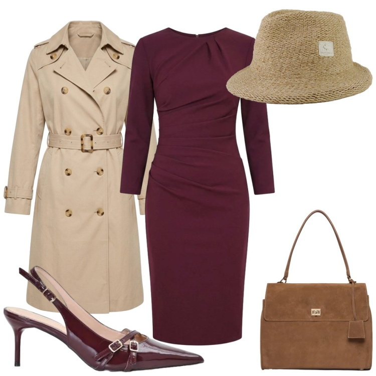 Outfit donna - Il trench degli Anni \'60. Stile Vintage retrò per Tutti i giorni. Abbinamento con décolleté, vestiti midi/longuette, borse a mano, trench, cappelli.