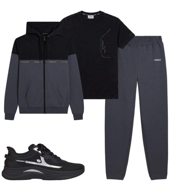 Outfit uomo - Freddy. Stile Casual per Tutti i giorni. Abbinamento con pantaloni, felpe con cappuccio, sneakers, t-shirt.