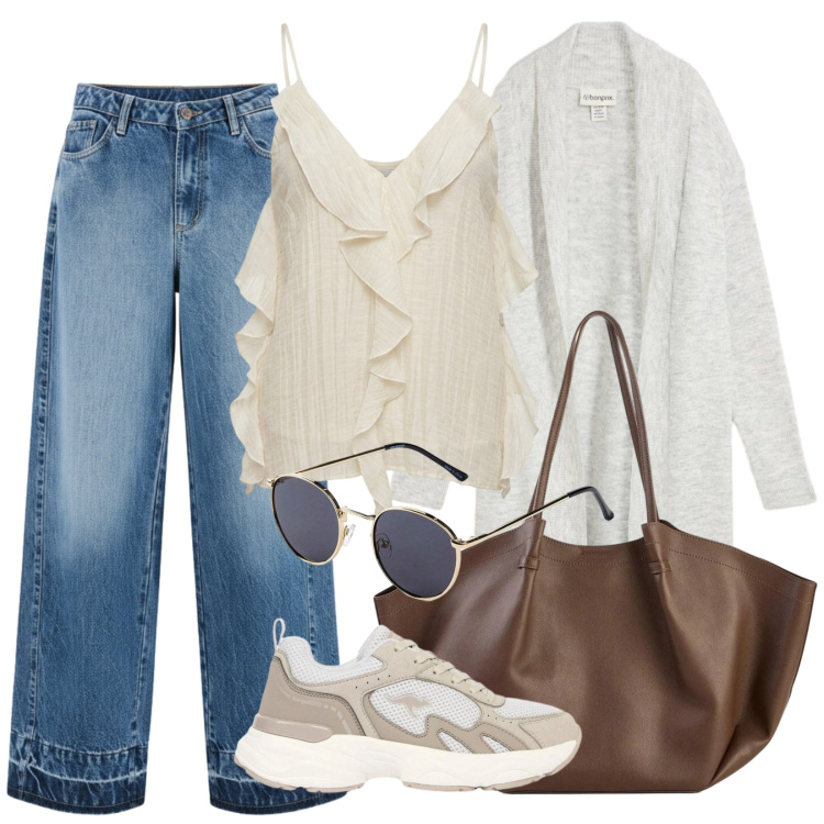 Outfit donna - Quotidianamente. Stile Urban per Tutti i giorni. Abbinamento con occhiali da sole, shopping bag, sneakers, cardigans, jeans dritti, canottiere.