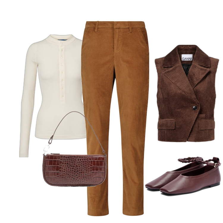 Outfit femme - Pantalon velours taille haute. Style Casual chic pour Tous les jours. Assortir avec gilets sans manche, pantalon , t-shirts, sacs en bandoulière, ballerines.