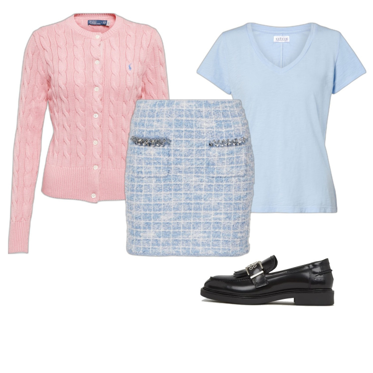 Outfit femme - Baby Blue. Style Bon Ton pour Tous les jours. Assortir avec minijupes, mocassins, gilets, t-shirts.